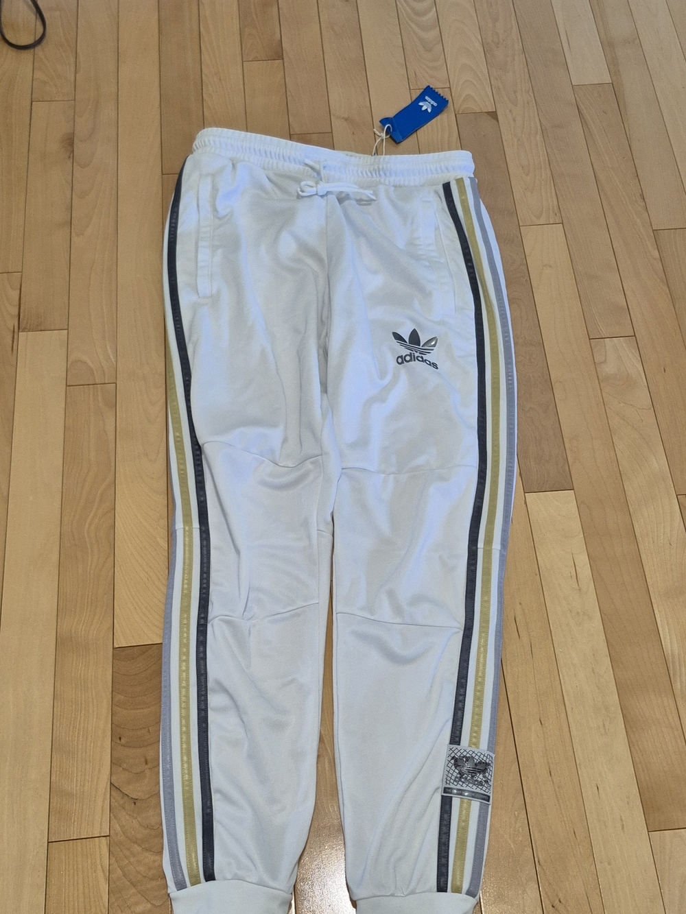 Adidas Men's White Track Pants with Yellow & Gray Stripes